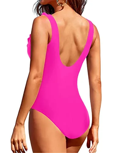 Long Torso High-Cut Wrapped One Piece Swimsuits For Women-Neon Pink