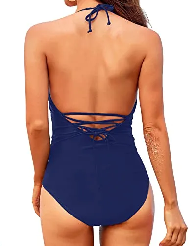 Long Torso Women's Strapless Back Lace Up Adjustable Swimsuit-Navy Blue