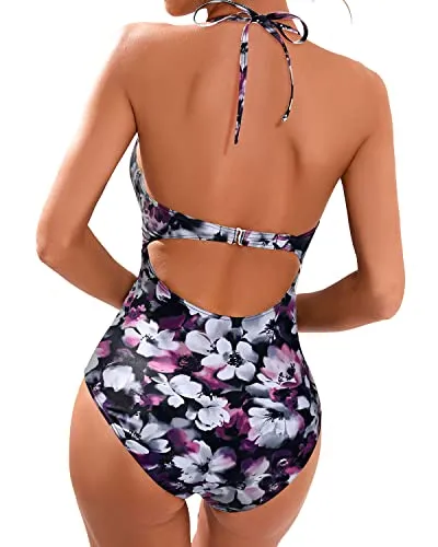 Long Torso Women's Tummy Control Ruched Shirring One Piece Swimsuit-Purple Floral