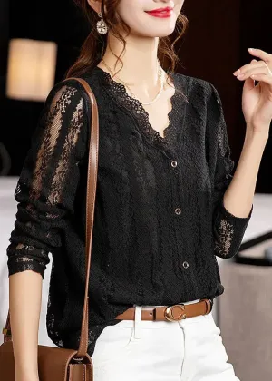 Loose Black V Neck Hollow Out Patchwork Lace Tops Long Sleeve ML0964