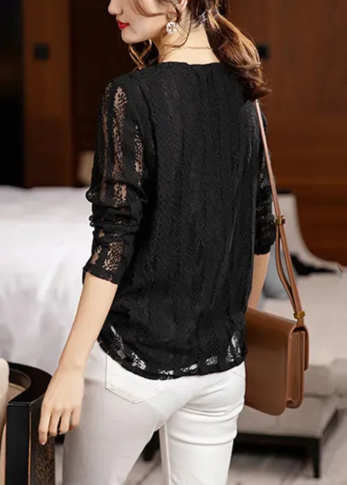 Loose Black V Neck Hollow Out Patchwork Lace Tops Long Sleeve ML0964