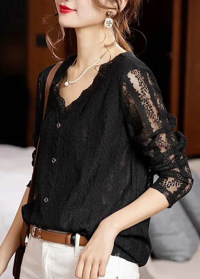 Loose Black V Neck Hollow Out Patchwork Lace Tops Long Sleeve ML0964