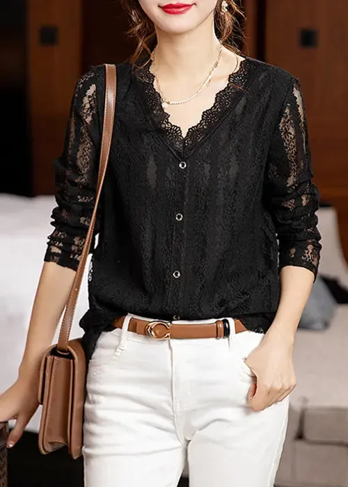 Loose Black V Neck Hollow Out Patchwork Lace Tops Long Sleeve ML0964