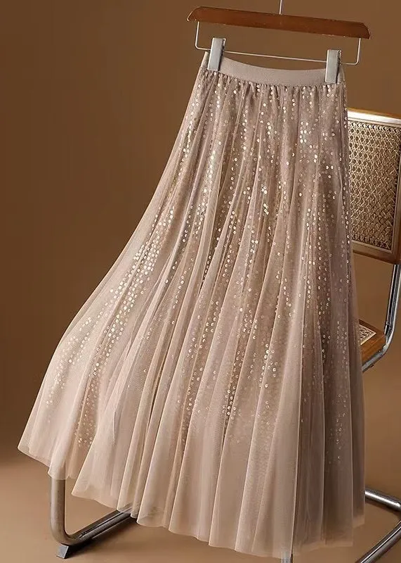 Loose Coffee Sequins Elastic Waist Tulle Skirt Spring RV002