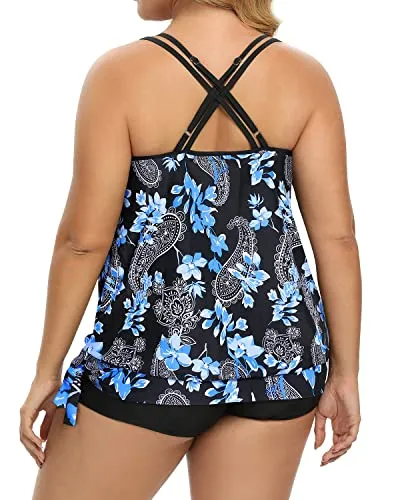 Loose Fit Plus Size Tankini For Women With Sporty Boyleg Swim Short-Black Floral