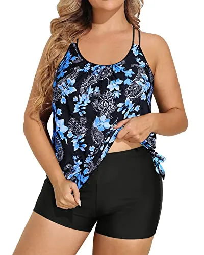 Loose Fit Plus Size Tankini For Women With Sporty Boyleg Swim Short-Black Floral