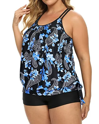 Loose Fit Plus Size Tankini For Women With Sporty Boyleg Swim Short-Black Floral