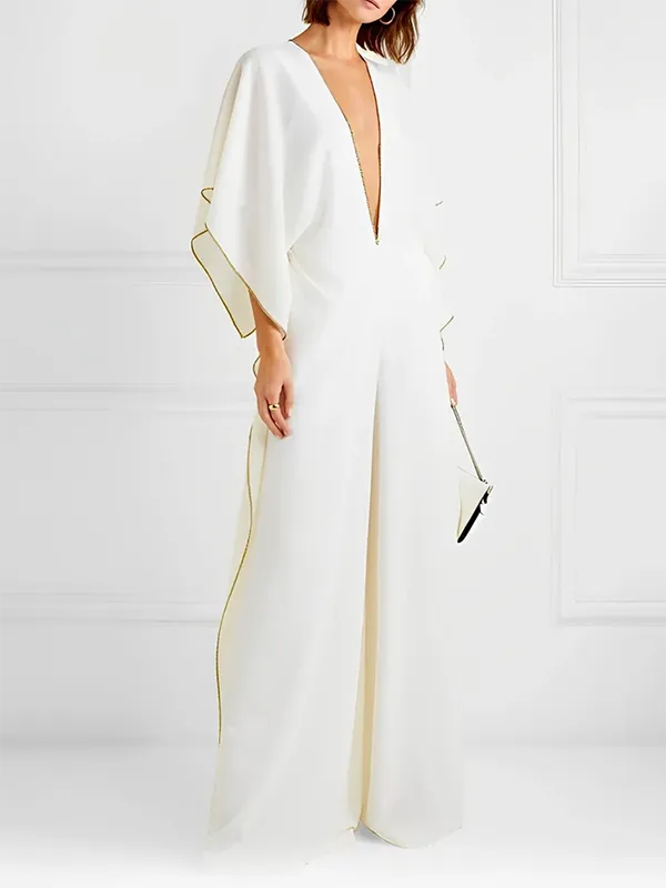 Loose Half-Sleeves Deep V-Neck Jumpsuits