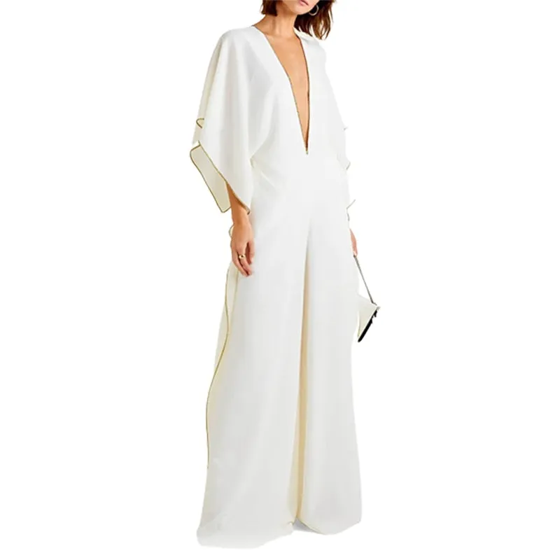 Loose Half-Sleeves Deep V-Neck Jumpsuits