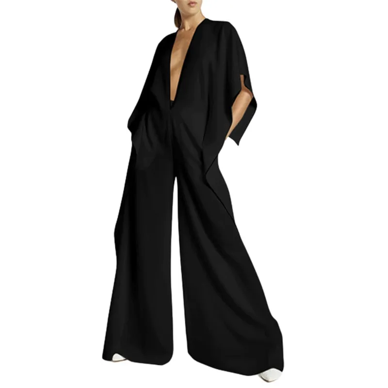 Loose Half-Sleeves Deep V-Neck Jumpsuits