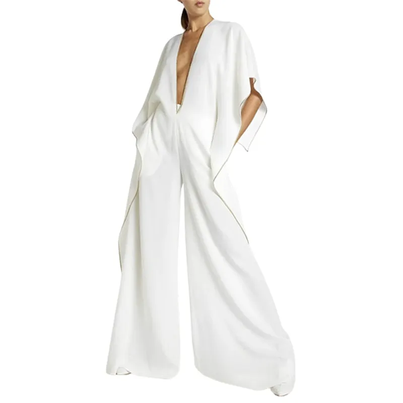 Loose Half-Sleeves Deep V-Neck Jumpsuits