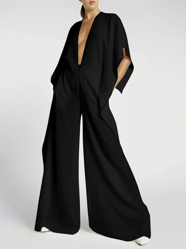 Loose Half-Sleeves Deep V-Neck Jumpsuits