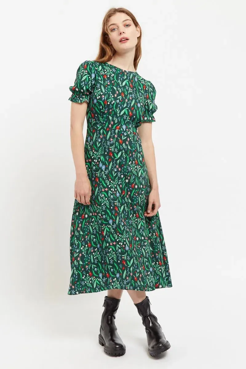 Louche Flo Folk Floral Print Puff Sleeve Midi Dress