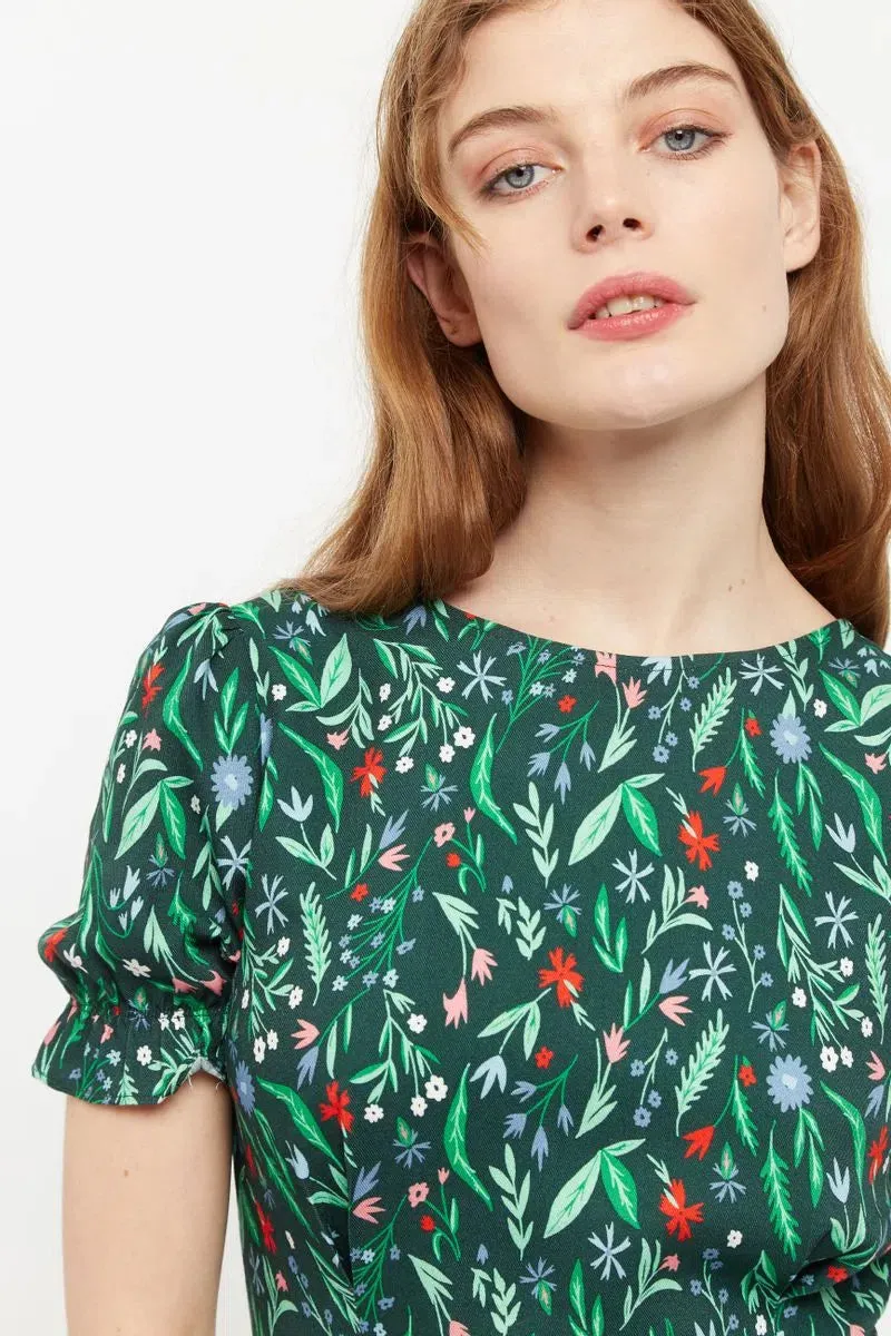 Louche Flo Folk Floral Print Puff Sleeve Midi Dress