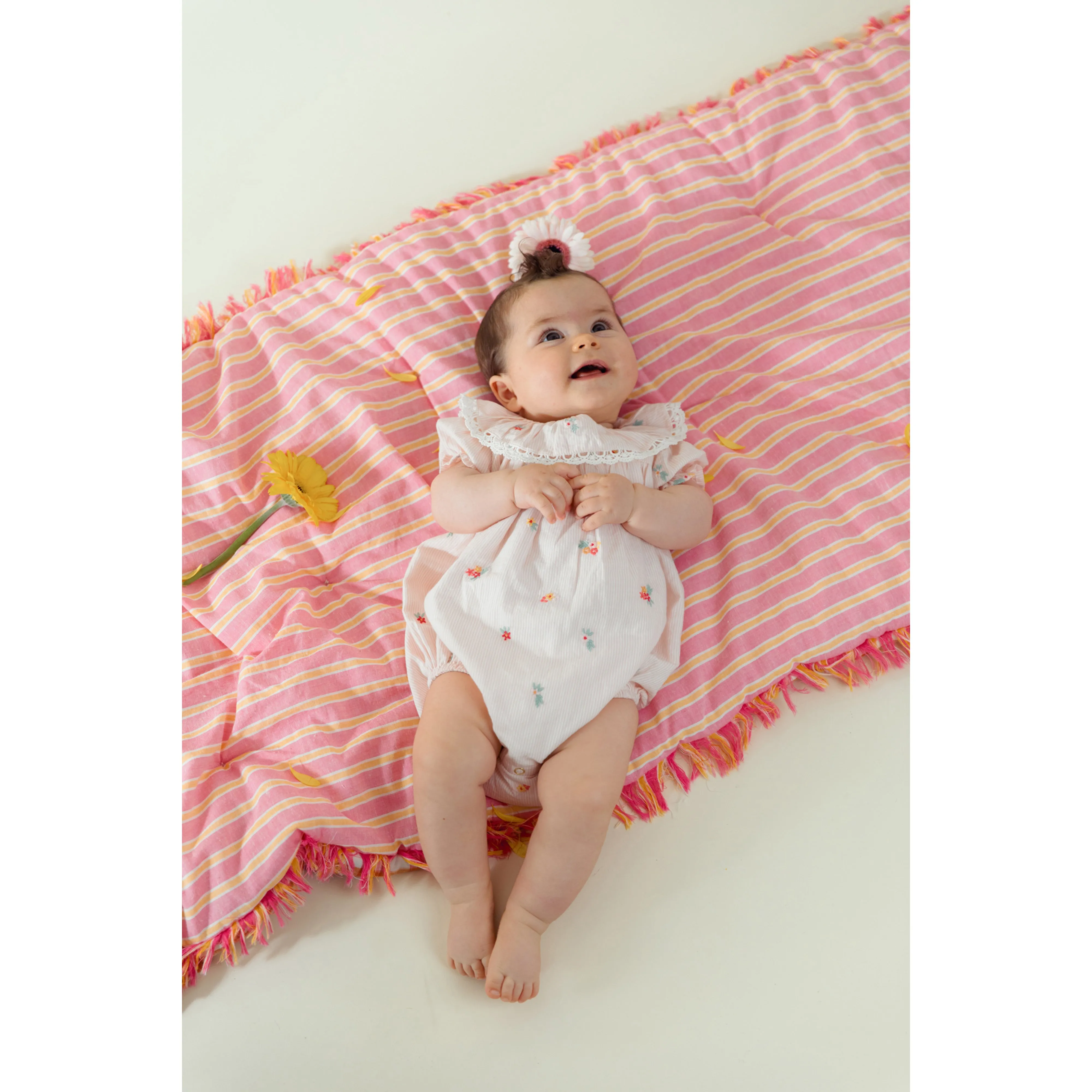 Louise Misha Rompers Yolia - Embroidered Yarn Dyed Stripes - Pink Bouquet Stripes