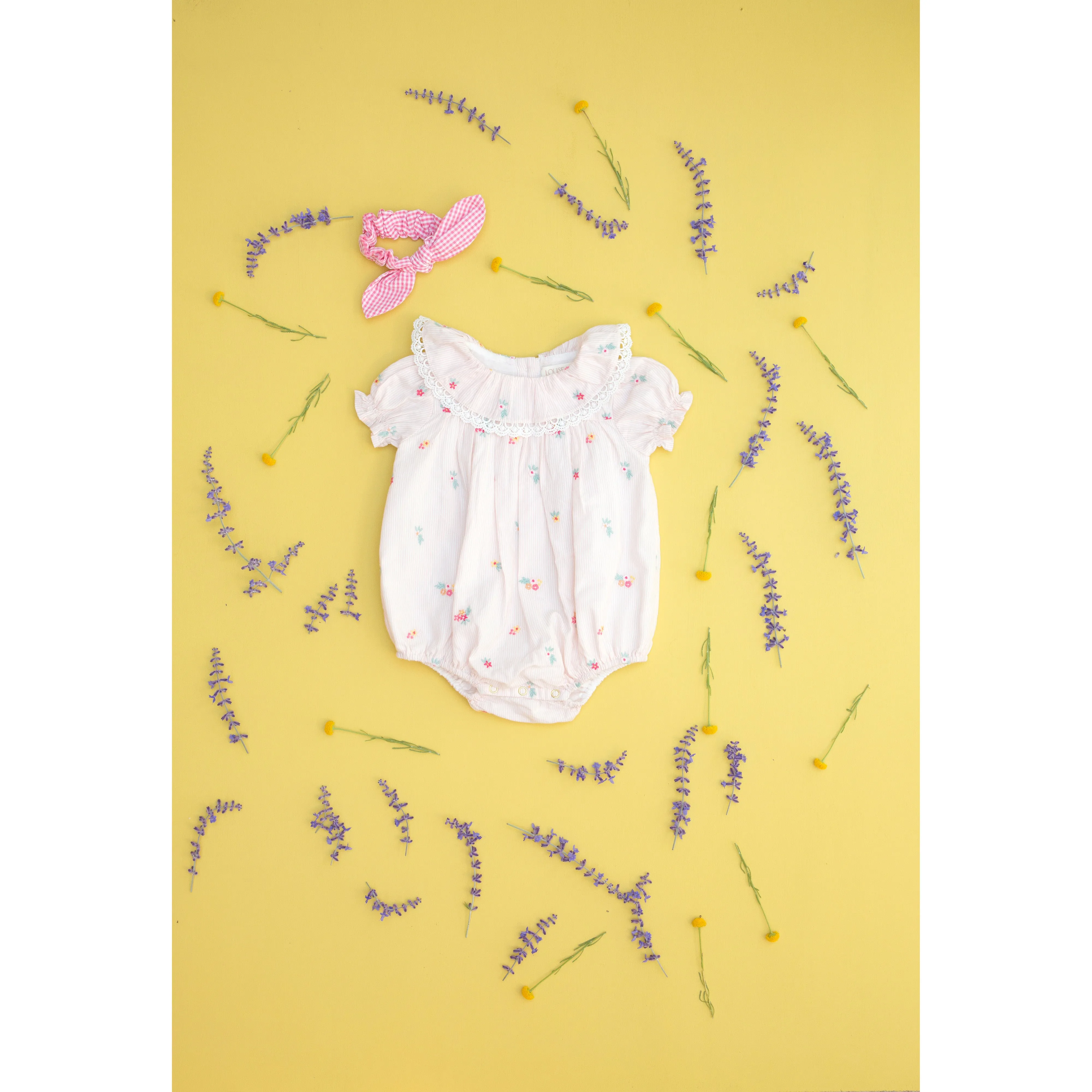 Louise Misha Rompers Yolia - Embroidered Yarn Dyed Stripes - Pink Bouquet Stripes