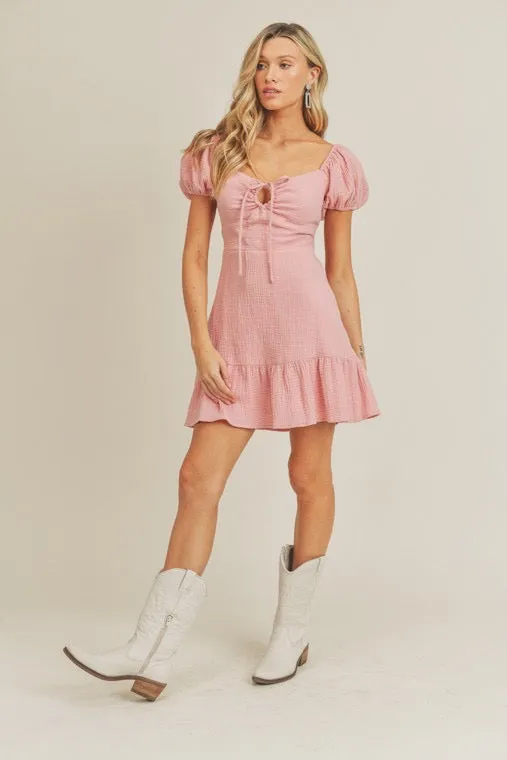 Lush LULLABY Shirred PuffSleeve Sweetheart Neck Dress