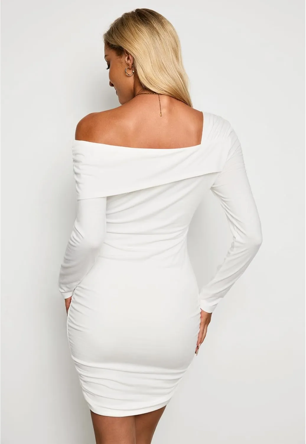 luvamia One Shoulder Dresses for Women Bodycon Long Sleeve Ruched Cocktail Party Date Night Short Dress Special Occasion