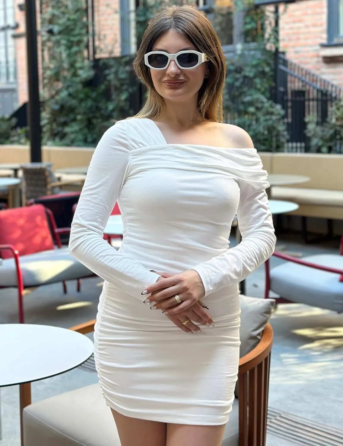 luvamia One Shoulder Dresses for Women Bodycon Long Sleeve Ruched Cocktail Party Date Night Short Dress Special Occasion