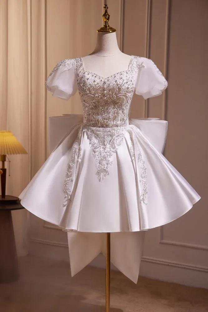 Luxury Lantern Sleeves Beaded with Bowknot Back Short Homecoming Dress