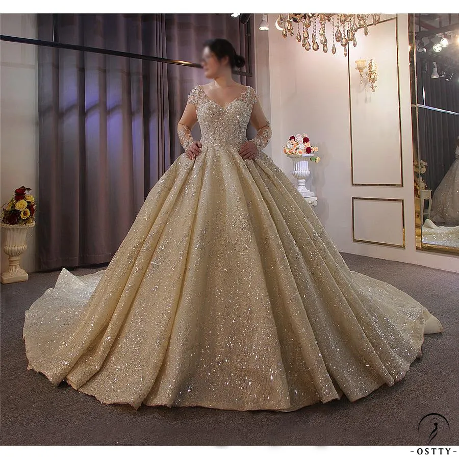 Luxury V Neck Long Sleeves Full Beading Crystals Wedding Dress OS3921