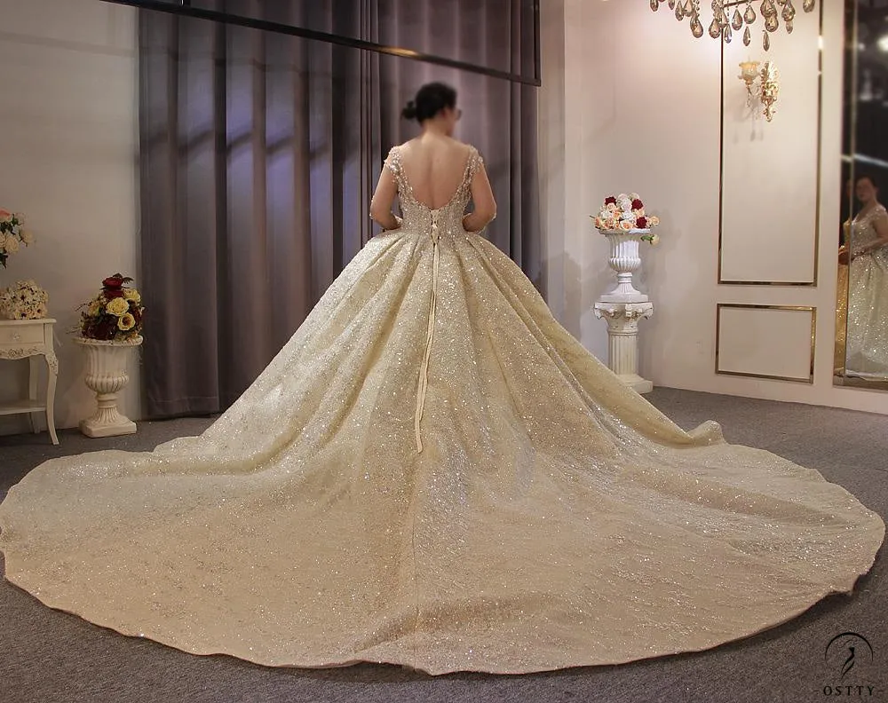 Luxury V Neck Long Sleeves Full Beading Crystals Wedding Dress OS3921