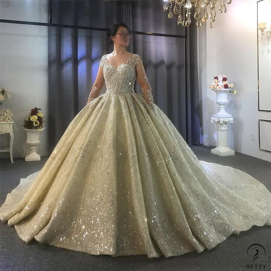 Luxury V Neck Long Sleeves Full Beading Crystals Wedding Dress OS3921