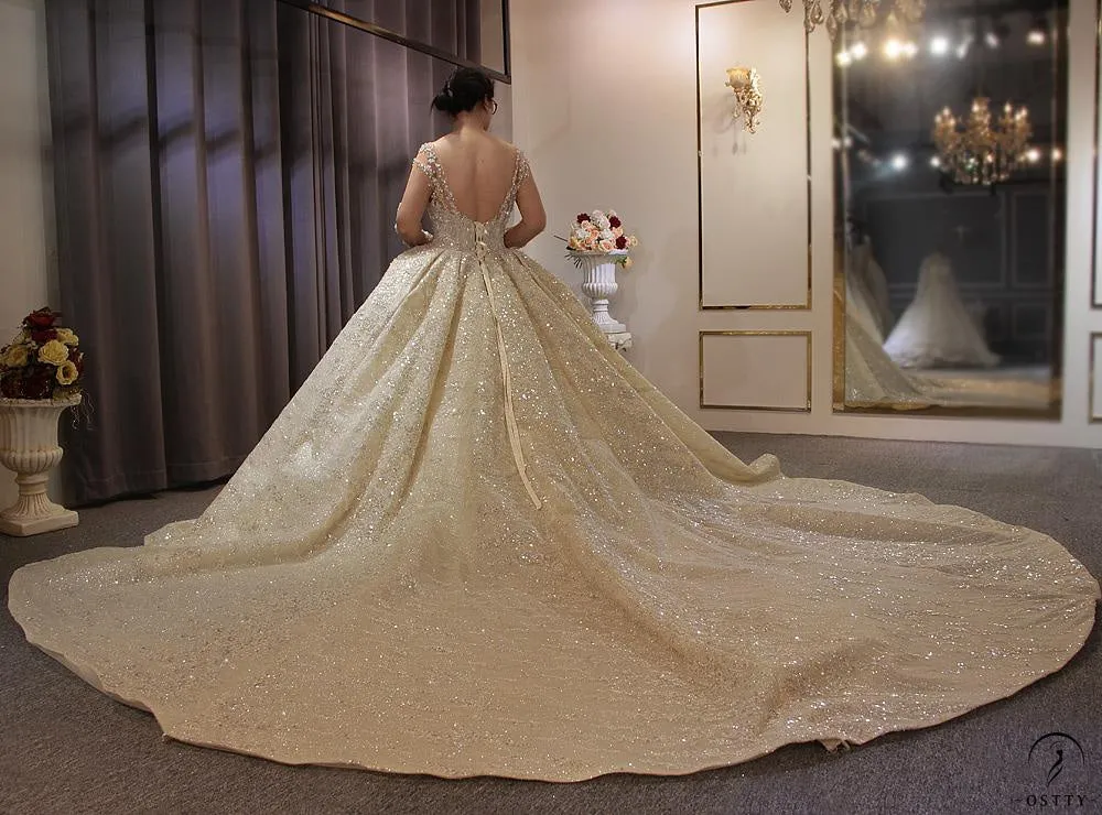 Luxury V Neck Long Sleeves Full Beading Crystals Wedding Dress OS3921
