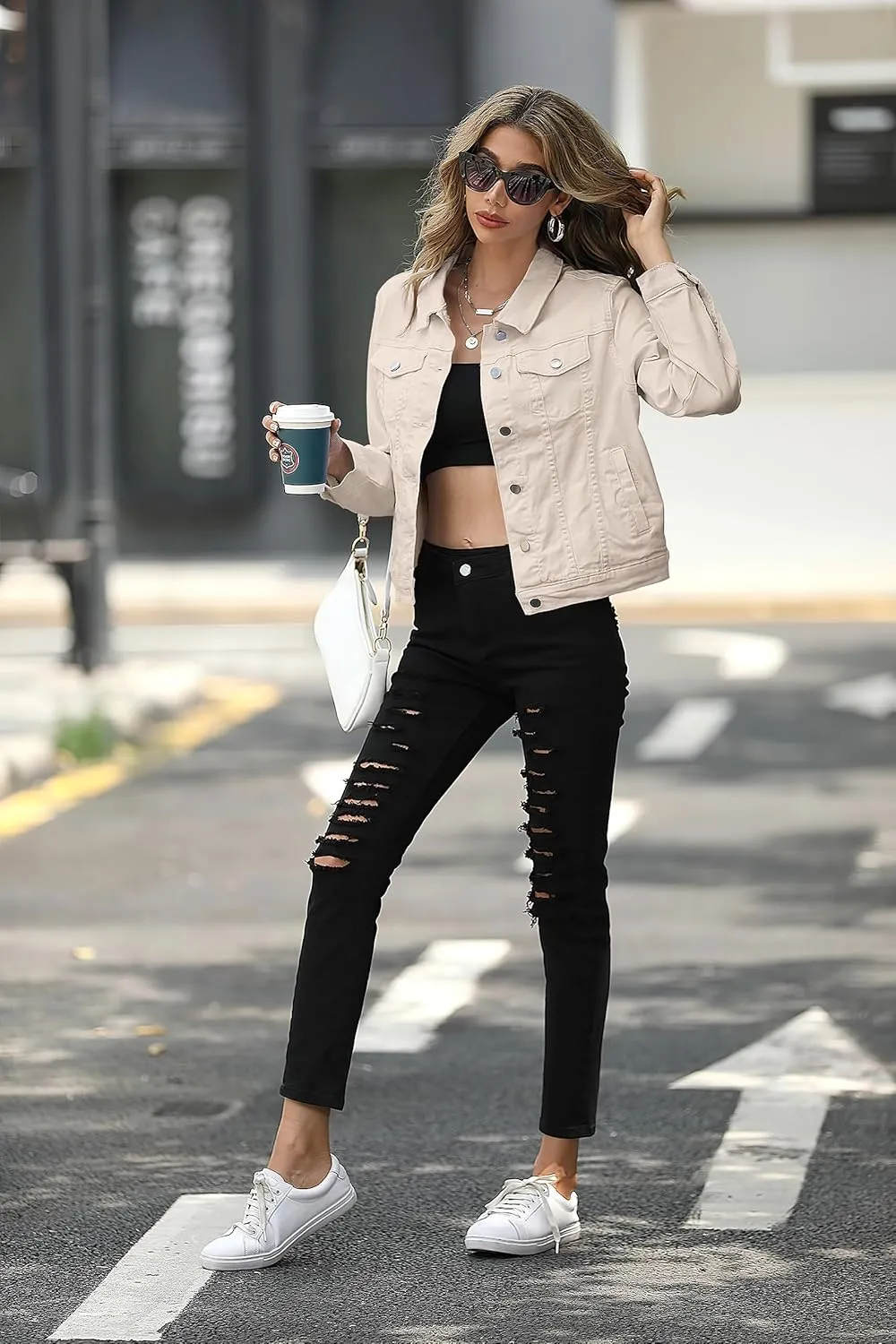 LZLER Womens Denim Jackets,Stretch Slim Fit Jean Jacket