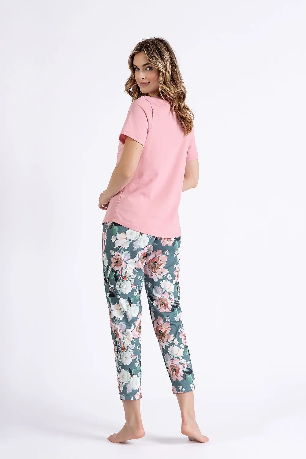 M-MAX 2 Piece Spring European Pajama Set with Blush Short sleeves Top & Floral Plants