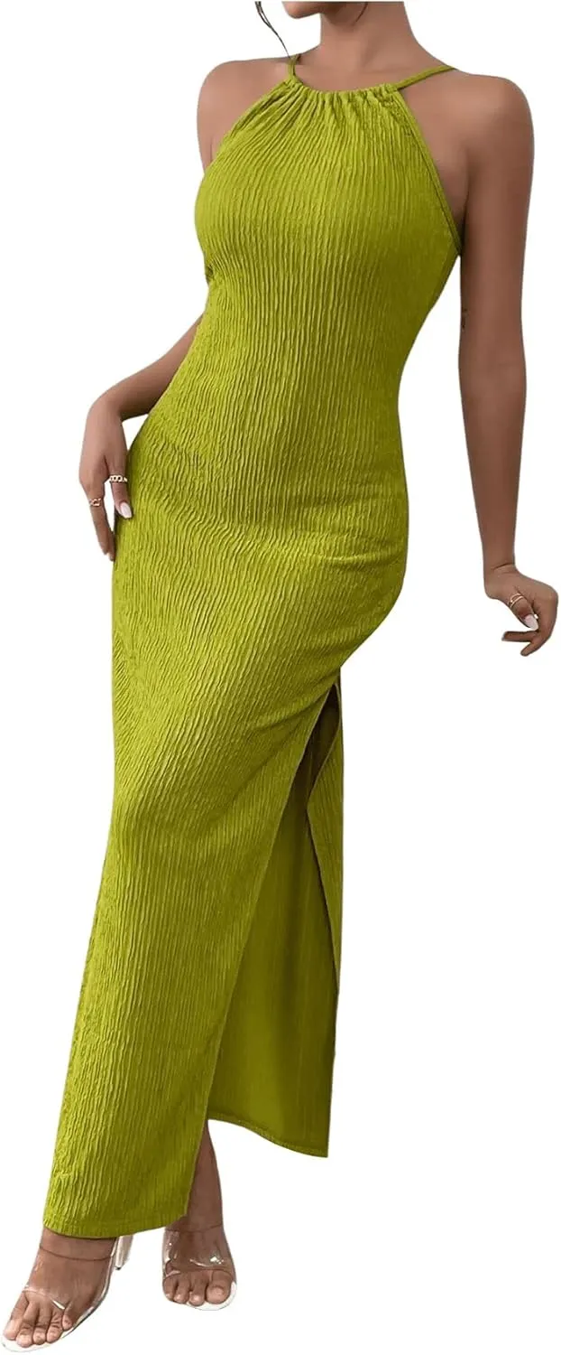 MakeMeChic Women's Formal Maxi Dress Halter Sleeveless Bodycon Dress Party Dresses