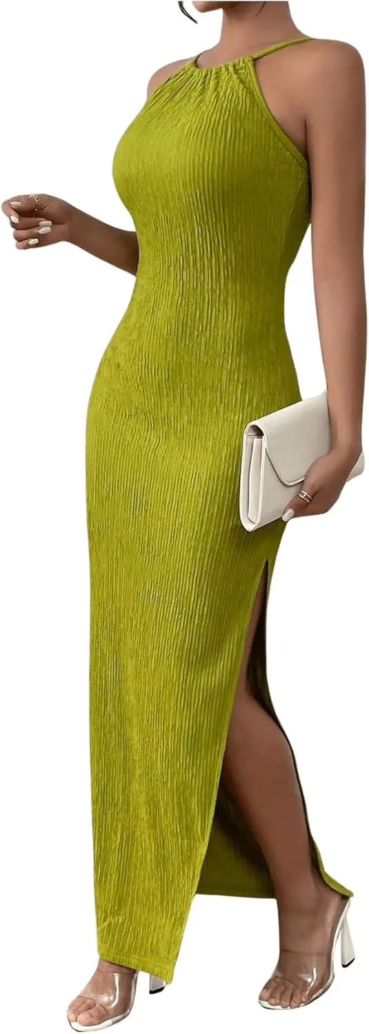 MakeMeChic Women's Formal Maxi Dress Halter Sleeveless Bodycon Dress Party Dresses