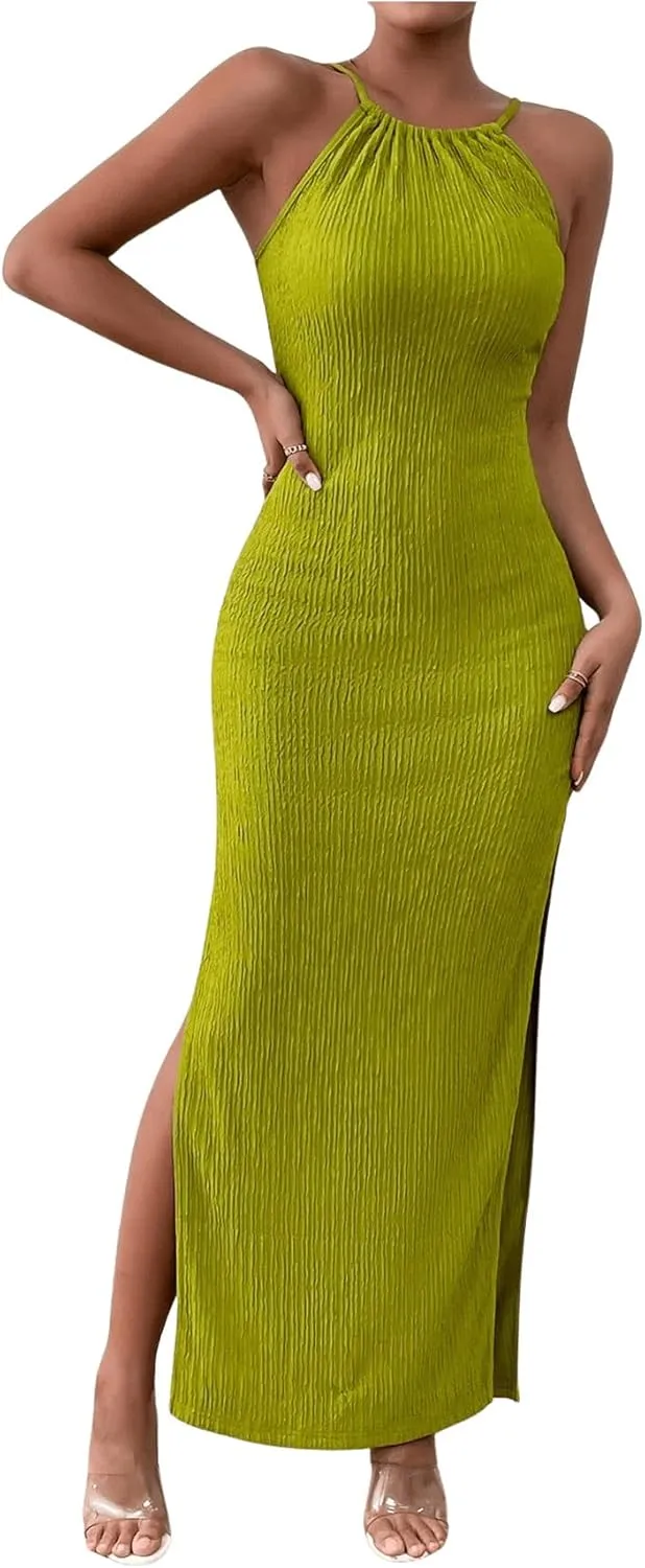 MakeMeChic Women's Formal Maxi Dress Halter Sleeveless Bodycon Dress Party Dresses