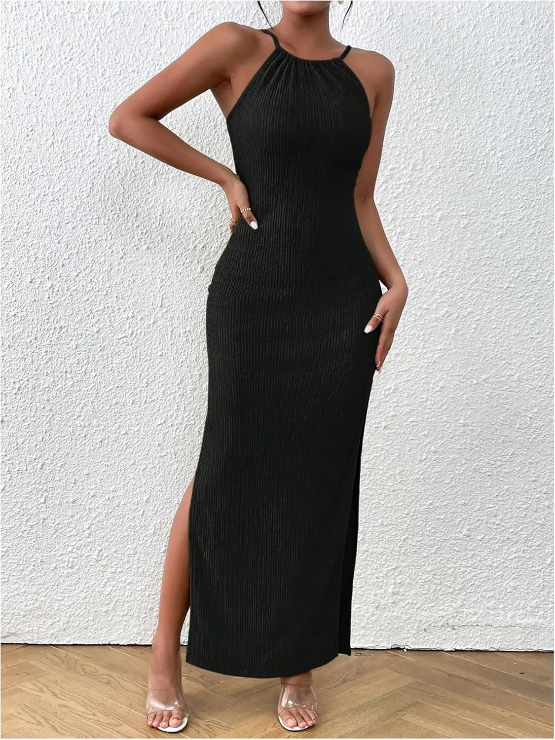 MakeMeChic Women's Formal Maxi Dress Halter Sleeveless Bodycon Dress Party Dresses