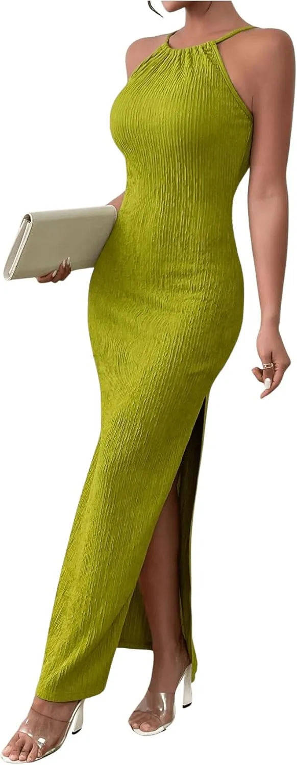 MakeMeChic Women's Formal Maxi Dress Halter Sleeveless Bodycon Dress Party Dresses