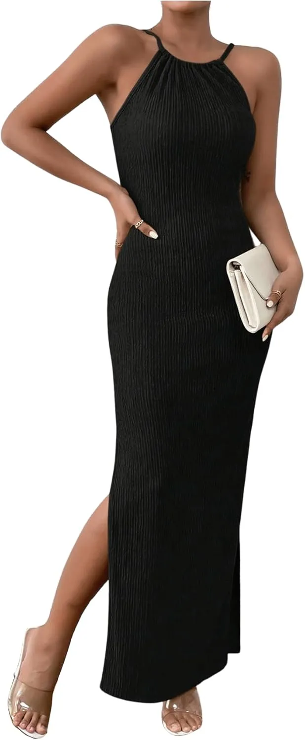 MakeMeChic Women's Formal Maxi Dress Halter Sleeveless Bodycon Dress Party Dresses