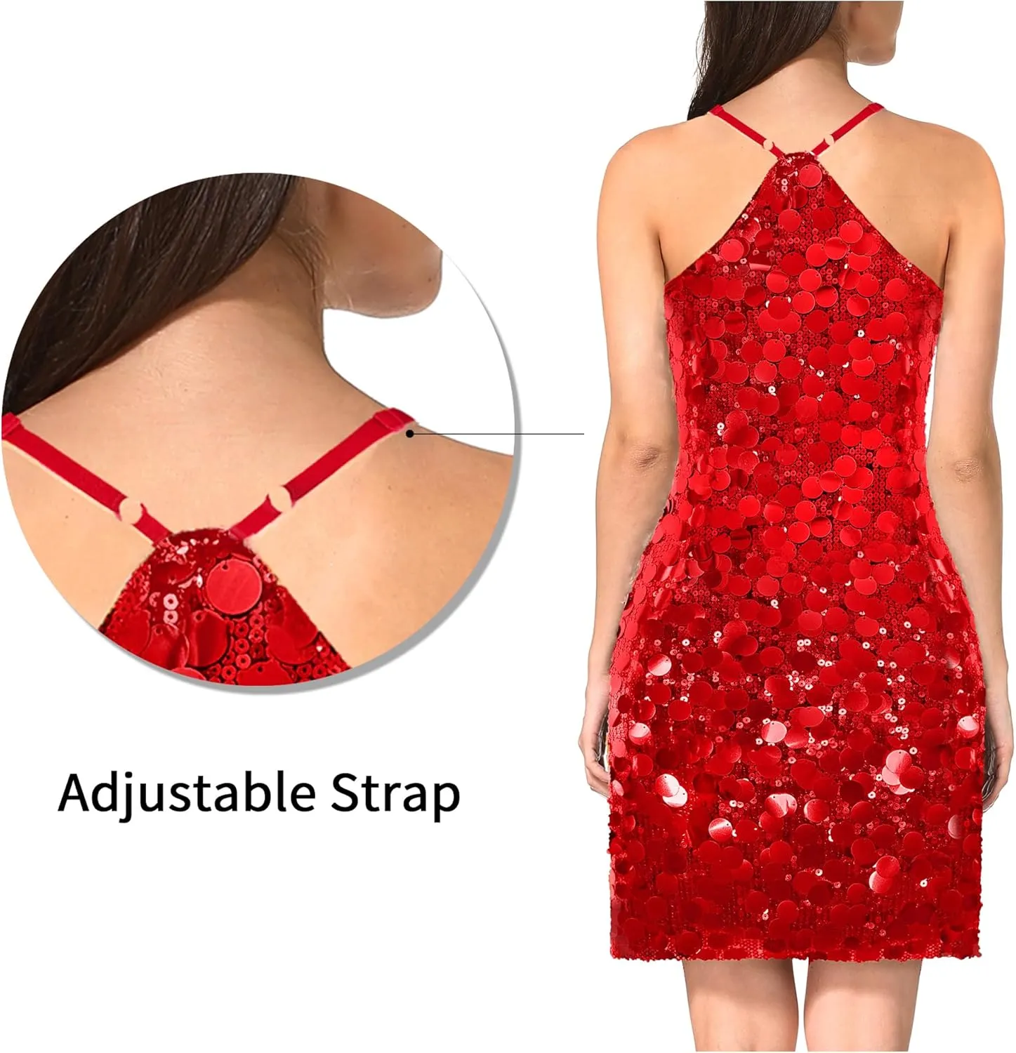 MANER Women's Glitter Sequin Dress Adjustable Spaghetti Strap Sparkle Party Dresses
