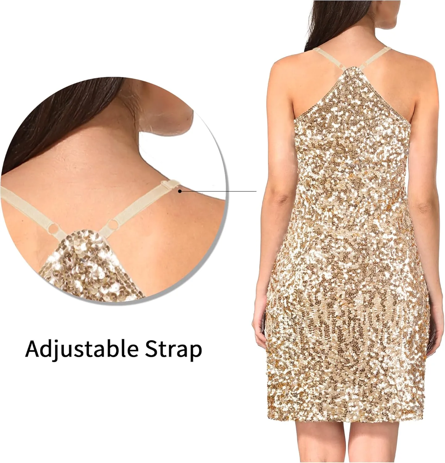 MANER Women's Glitter Sequin Dress Adjustable Spaghetti Strap Sparkle Party Dresses