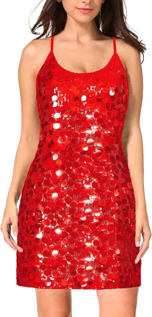 MANER Women's Glitter Sequin Dress Adjustable Spaghetti Strap Sparkle Party Dresses