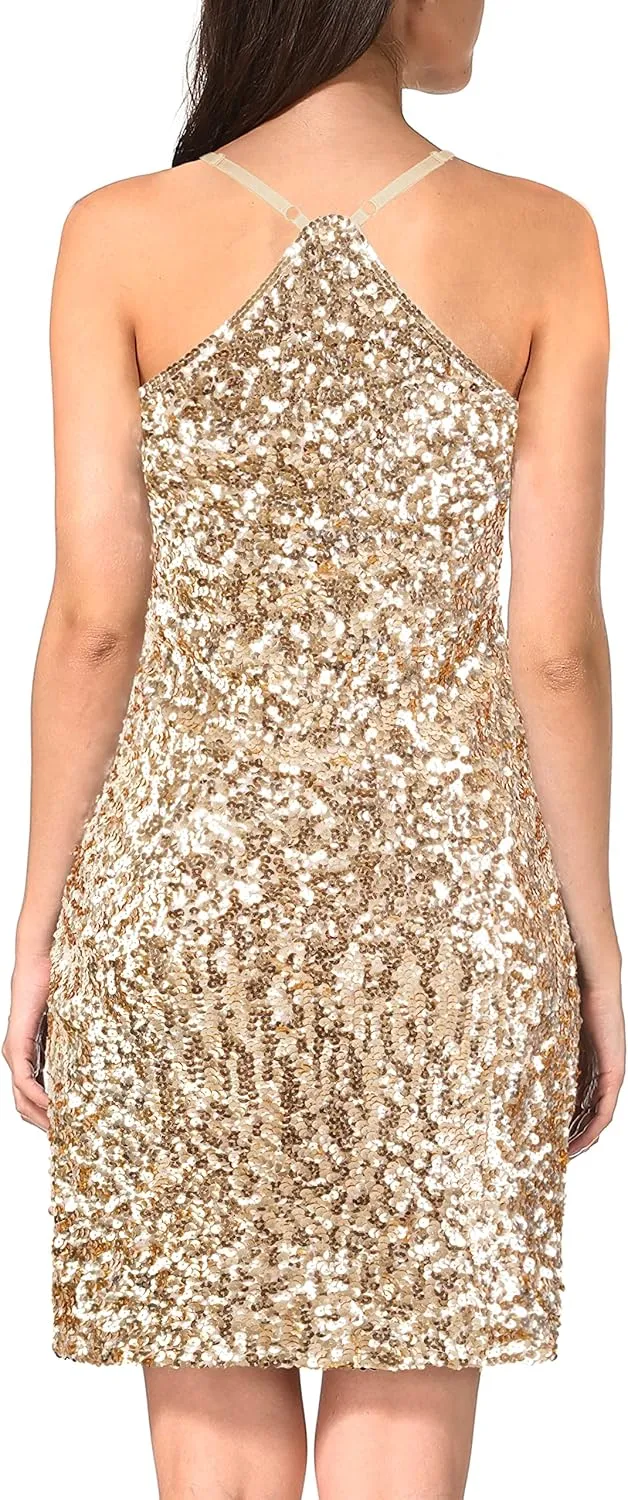 MANER Women's Glitter Sequin Dress Adjustable Spaghetti Strap Sparkle Party Dresses