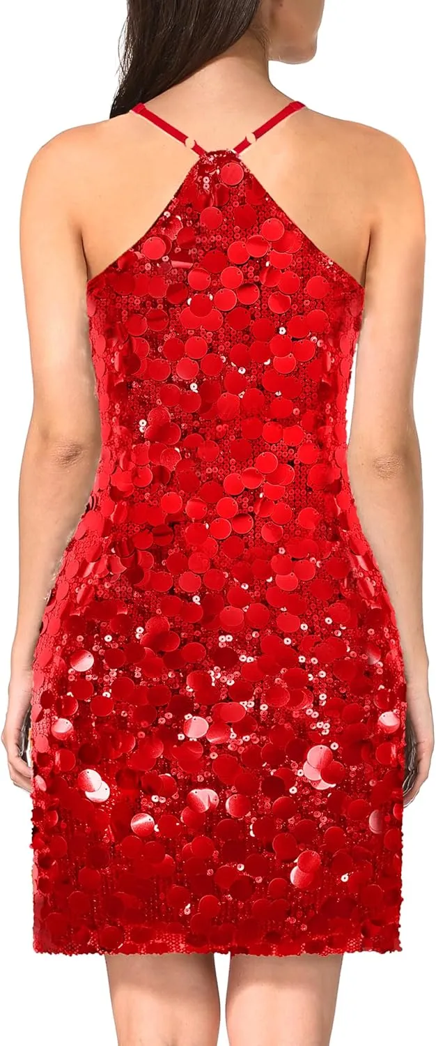 MANER Women's Glitter Sequin Dress Adjustable Spaghetti Strap Sparkle Party Dresses