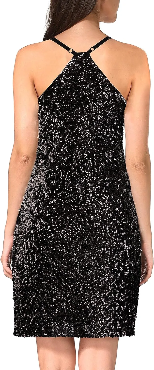 MANER Women's Glitter Sequin Dress Adjustable Spaghetti Strap Sparkle Party Dresses