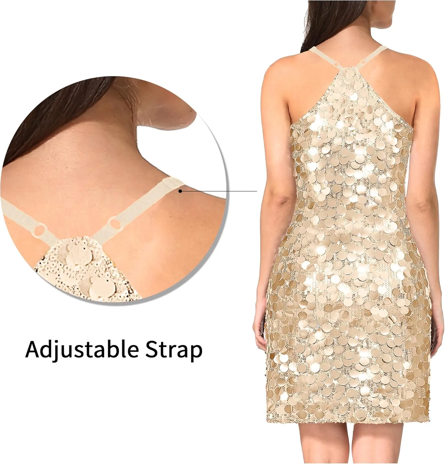 MANER Women's Glitter Sequin Dress Adjustable Spaghetti Strap Sparkle Party Dresses