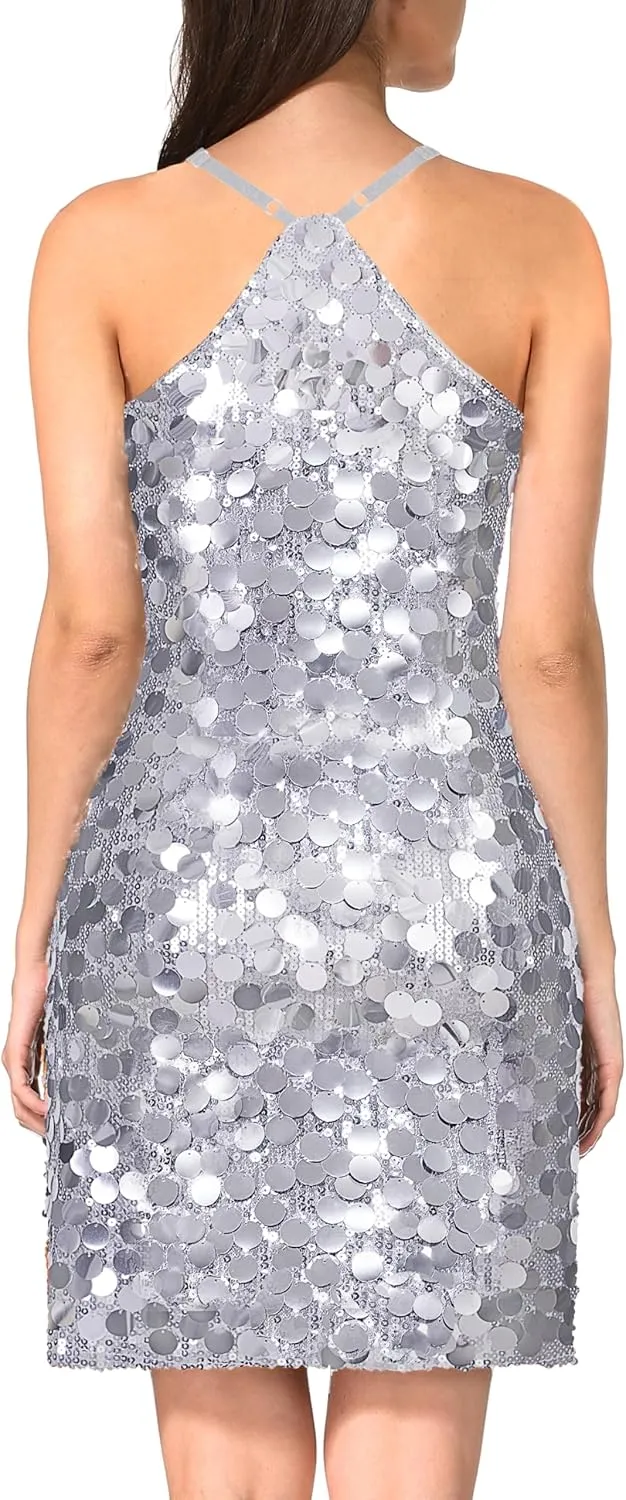 MANER Women's Glitter Sequin Dress Adjustable Spaghetti Strap Sparkle Party Dresses