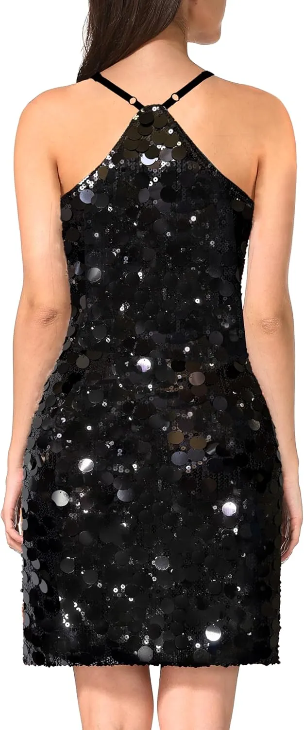 MANER Women's Glitter Sequin Dress Adjustable Spaghetti Strap Sparkle Party Dresses