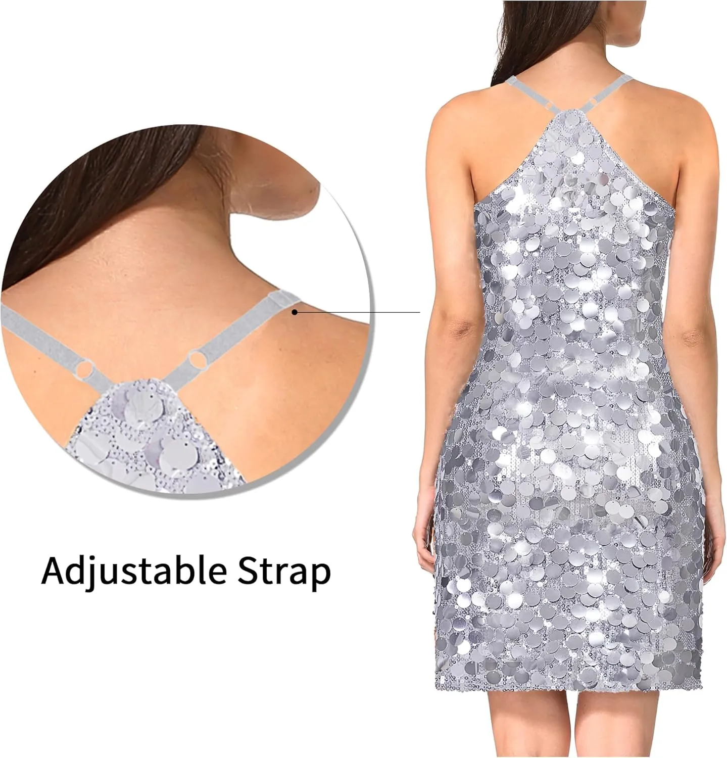MANER Women's Glitter Sequin Dress Adjustable Spaghetti Strap Sparkle Party Dresses