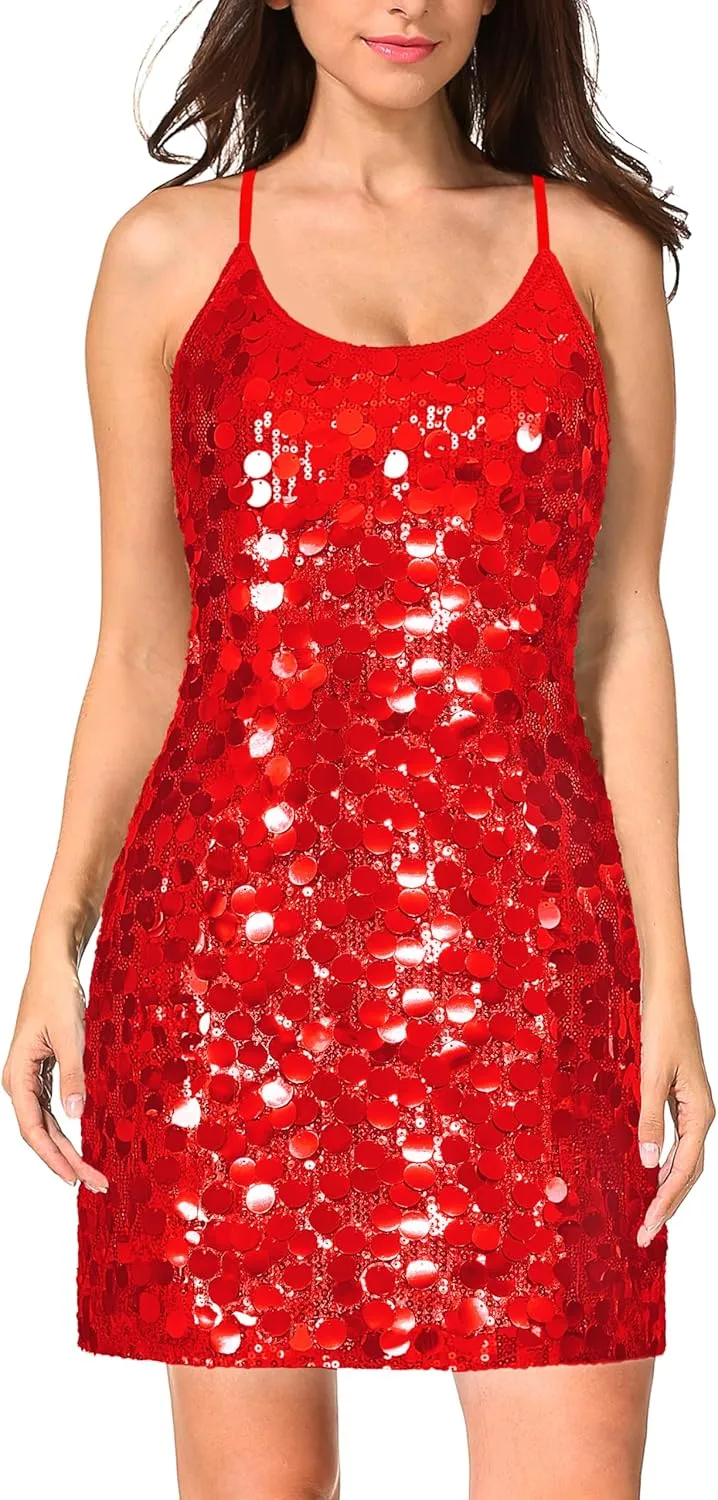 MANER Women's Glitter Sequin Dress Adjustable Spaghetti Strap Sparkle Party Dresses