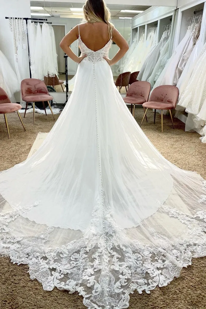 Marisol | Tulle Spaghetti Straps White Long Boho Wedding Dress with Lace Appliques