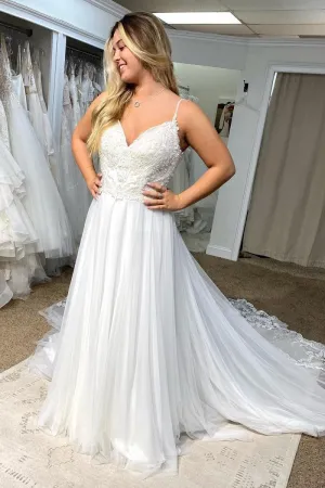Marisol | Tulle Spaghetti Straps White Long Boho Wedding Dress with Lace Appliques