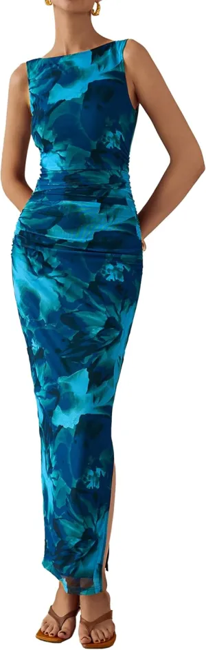 MASCOMODA Spring Summer Side Slit Sleeveless Long Maxi Dress for Women 2025 Floral Mesh Ruched Bodycon Cocktail Dresses
